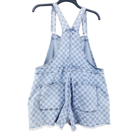 No Boundaries Juniors XXL Checkered Denim Shortalls Frayed Hem Blue Overalls - Picture 2 of 7